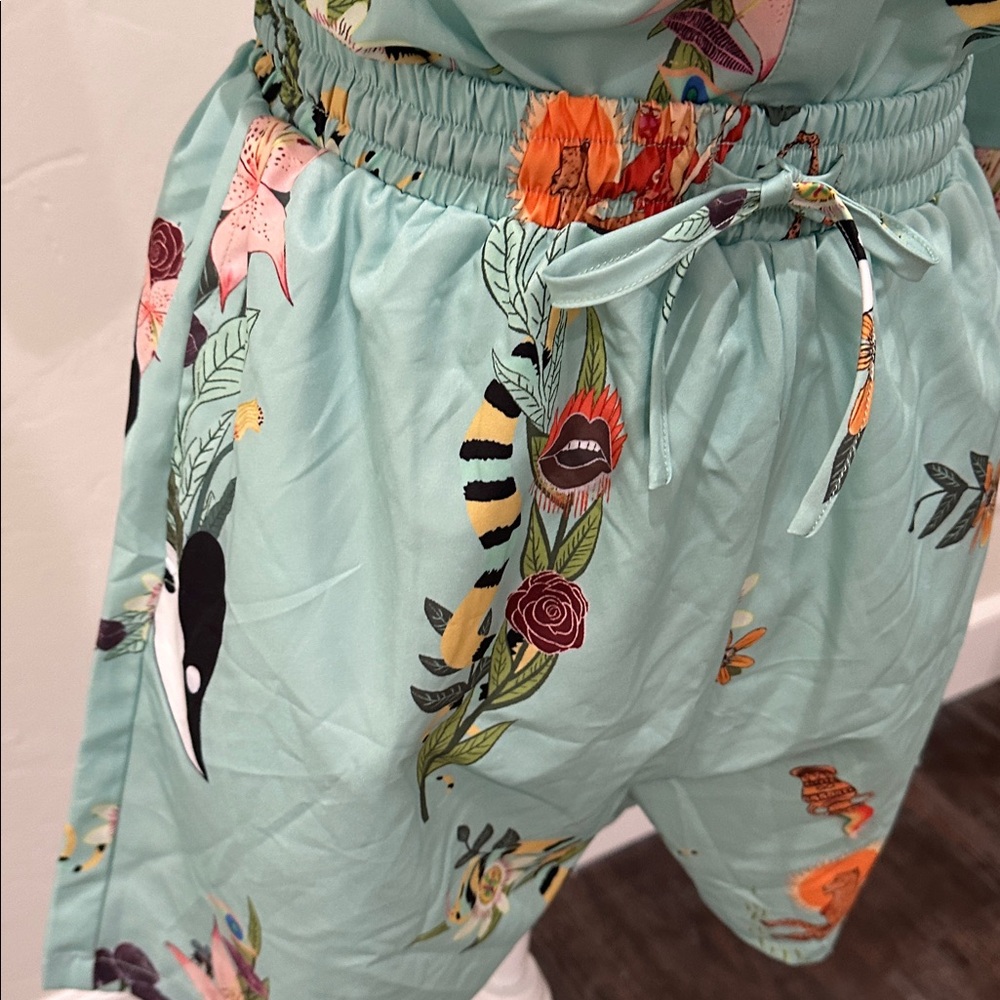 🔵 PJ Shorts Set Floral Print Teal - Picture 3 of 8